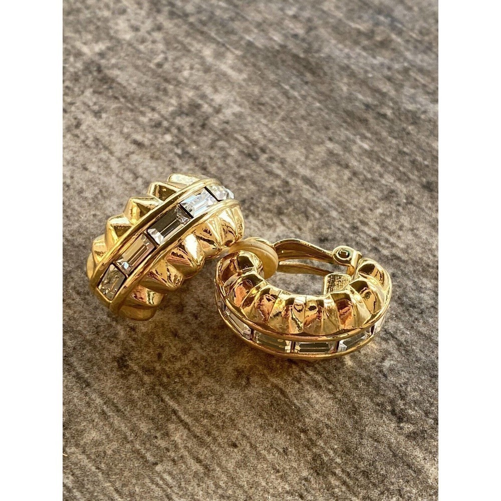 Vtg Swarovski Gold Tone Baguette Crystals Clip On Earrings Swan Signed Art Deco